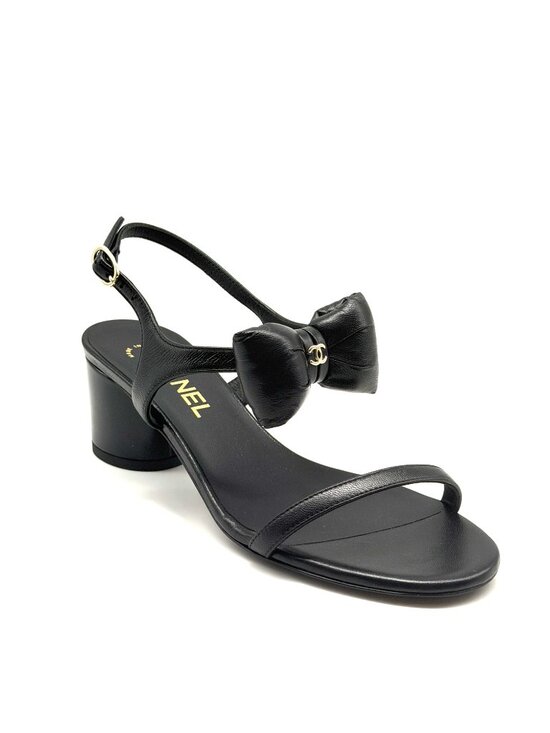 CHANEL Shoes - CHANEL 25P Lambskin Leather CC Bow Ankle Strap Sandals Block Heels Shoes